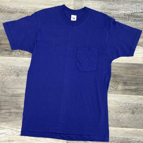 Vintage 80s Fruit Of The Loom Indigo Mens M Single Stitch Blank Plain Pocket Tee - Picture 2 of 8
